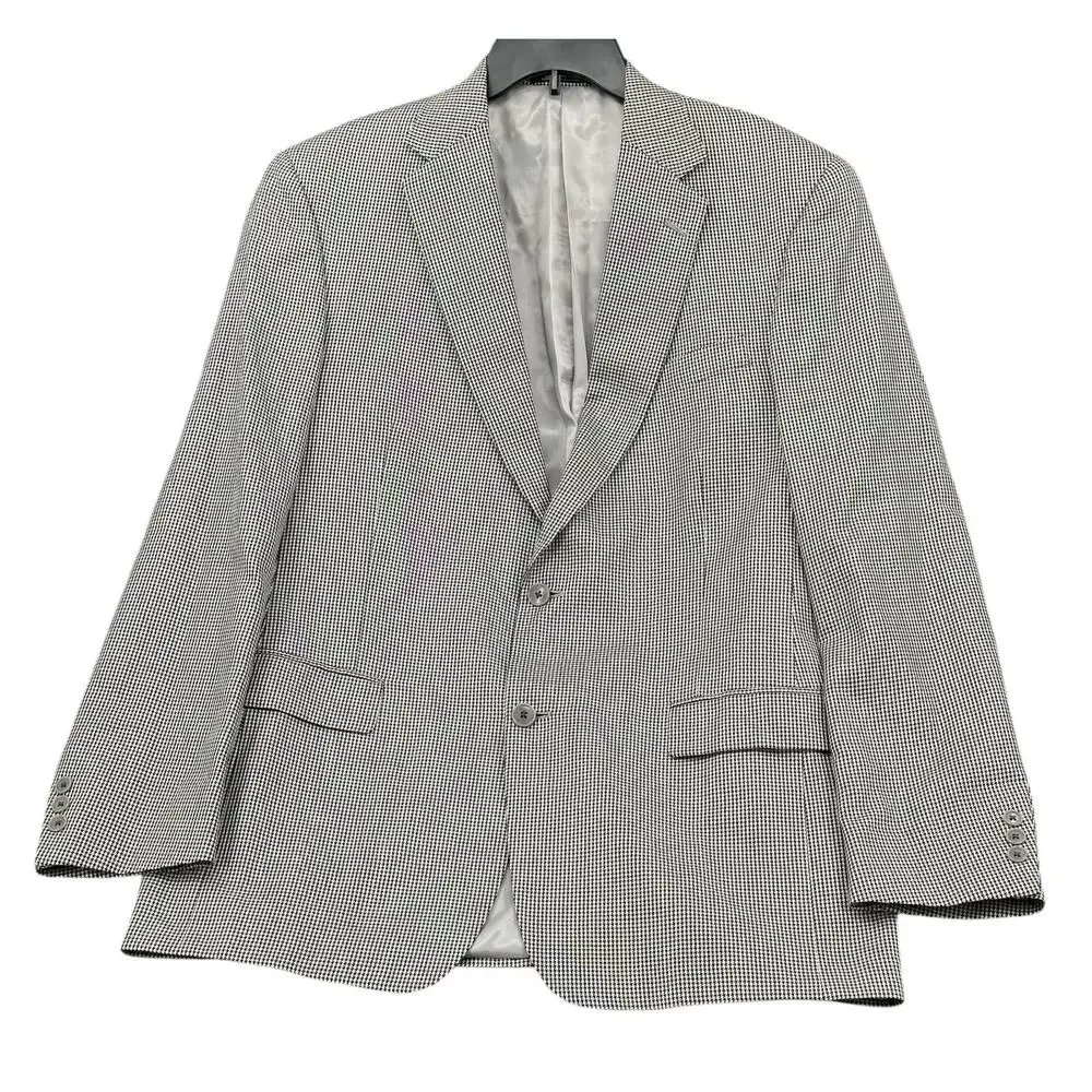 Hart Schaffner Marx Suit Jacket Men 42L Black Gray Micro Houndstooth Wool Office